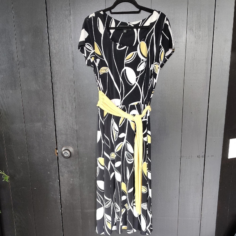 💛 Perceptions Black and Yellow Tropical Leaf Midi Dress. 16. NWOT